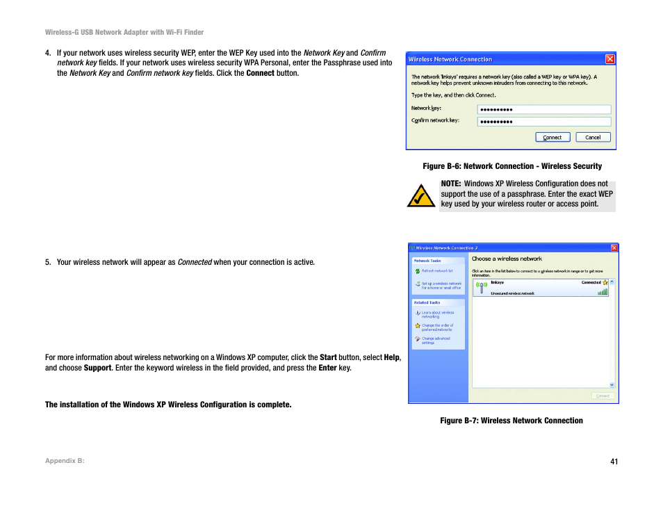 Figure b-6: network connection - wireless security, Figure b-7: wireless network connection | Linksys WUSBF54G User Manual | Page 47 / 63