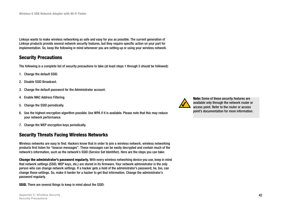 Appendix c: wireless security, Security precautions, Security threats facing wireless networks | Linksys WUSBF54G User Manual | Page 48 / 63