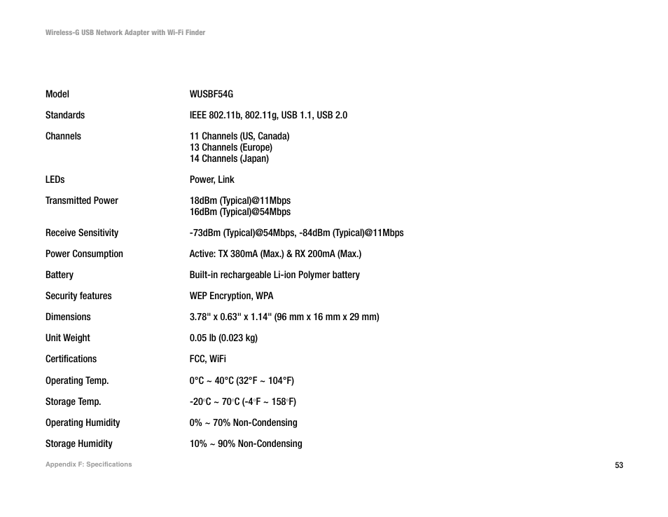 Appendix f: specifications | Linksys WUSBF54G User Manual | Page 59 / 63