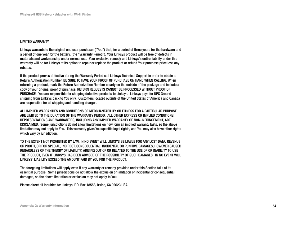 Appendix g: warranty information | Linksys WUSBF54G User Manual | Page 60 / 63