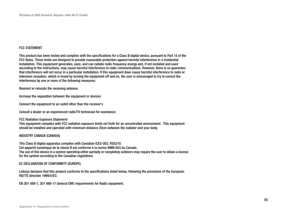 Appendix h: regulatory information | Linksys WUSBF54G User Manual | Page 61 / 63