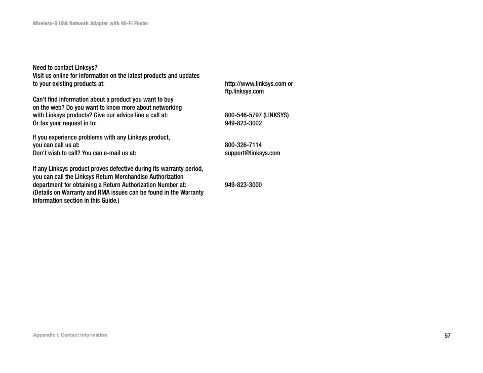 Appendix i: contact information | Linksys WUSBF54G User Manual | Page 63 / 63