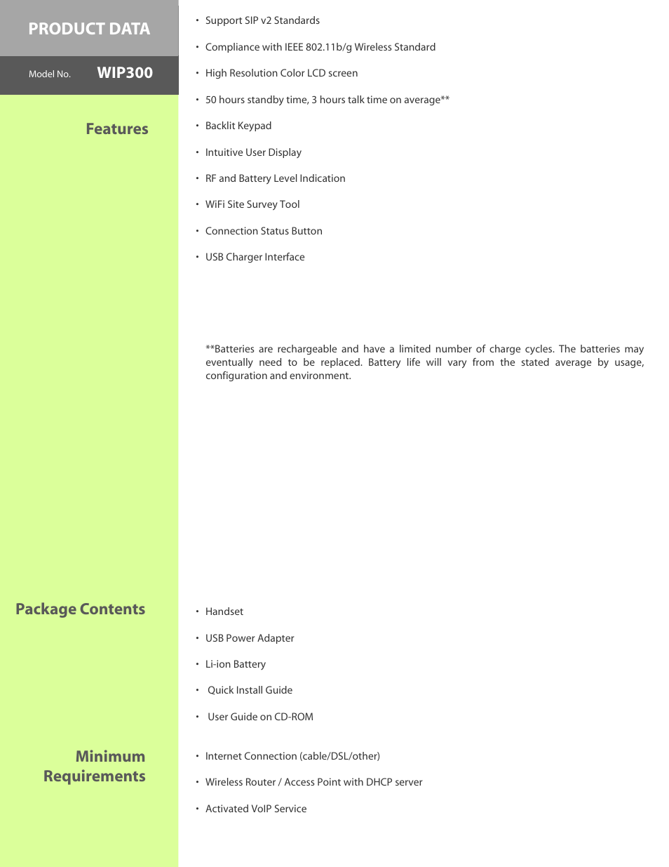Product data, Features wip300, Package contents minimum requirements | Linksys WIP300 User Manual | Page 2 / 4