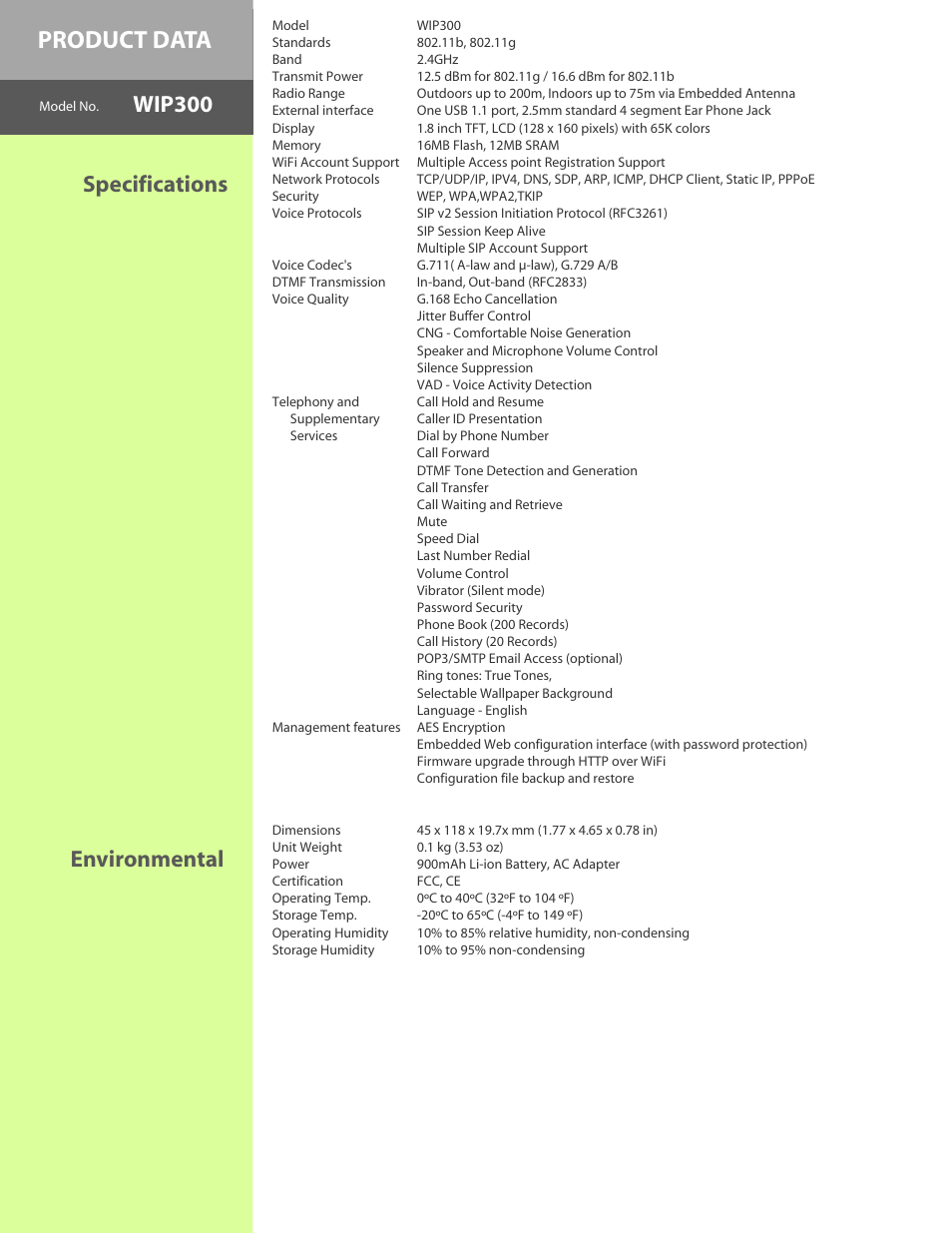Product data, Specifications, Wip300 | Environmental | Linksys WIP300 User Manual | Page 3 / 4