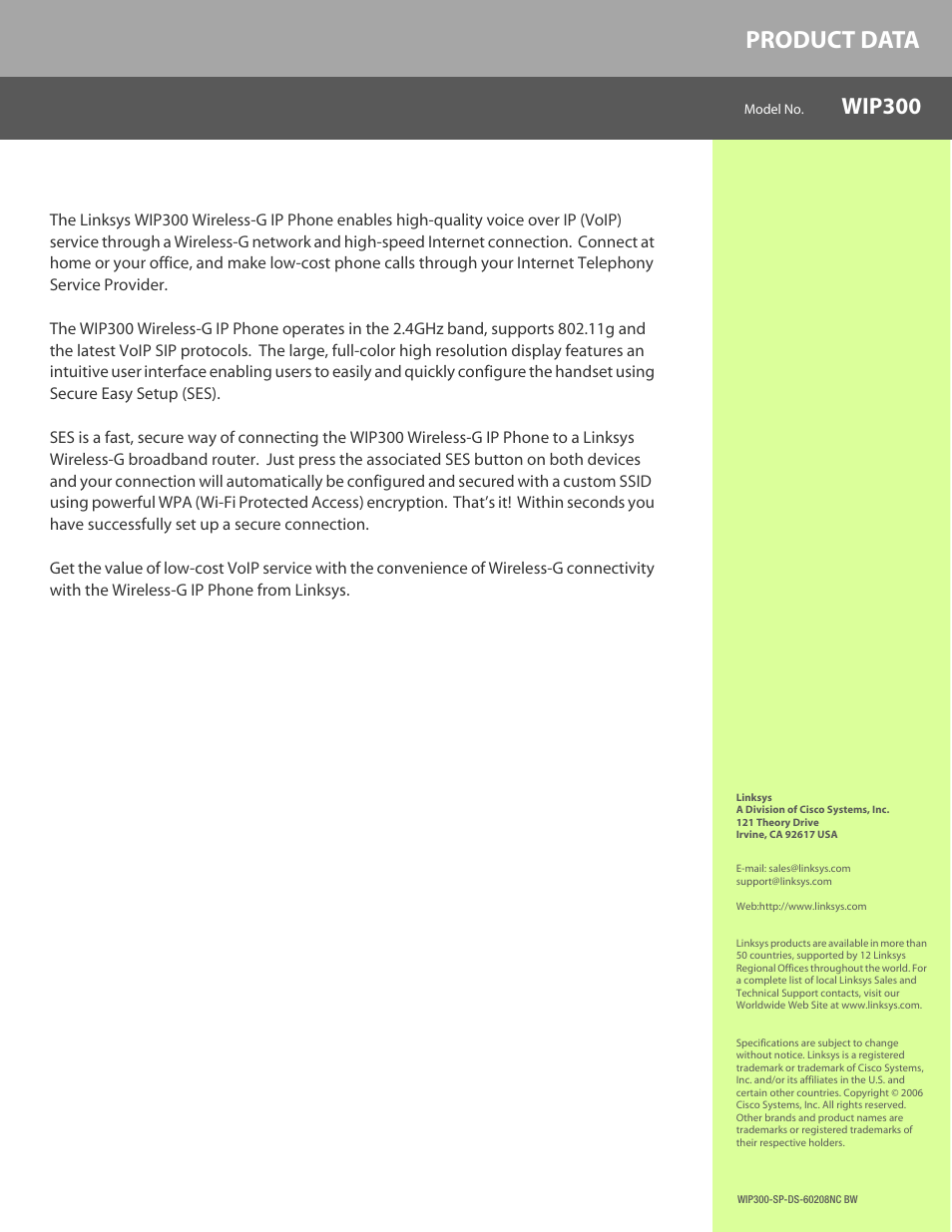Product data, Wip300 | Linksys WIP300 User Manual | Page 4 / 4