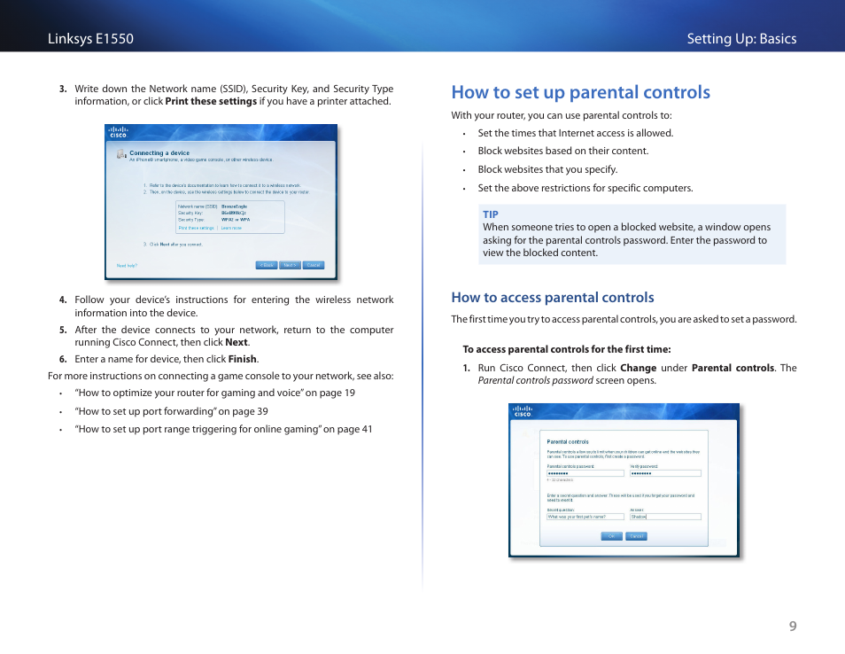 How to set up parental controls, How to access parental controls, How to set up parental controls 9 | Linksys E1550 User Manual | Page 12 / 55