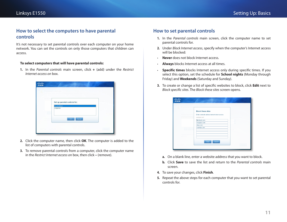 How to set parental controls | Linksys E1550 User Manual | Page 14 / 55