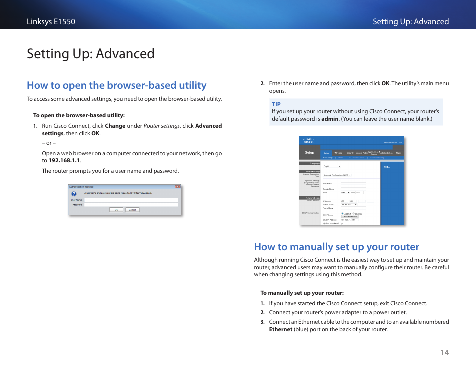 Setting up: advanced, How to open the browser-based utility, How to manually set up your router | Linksys E1550 User Manual | Page 17 / 55