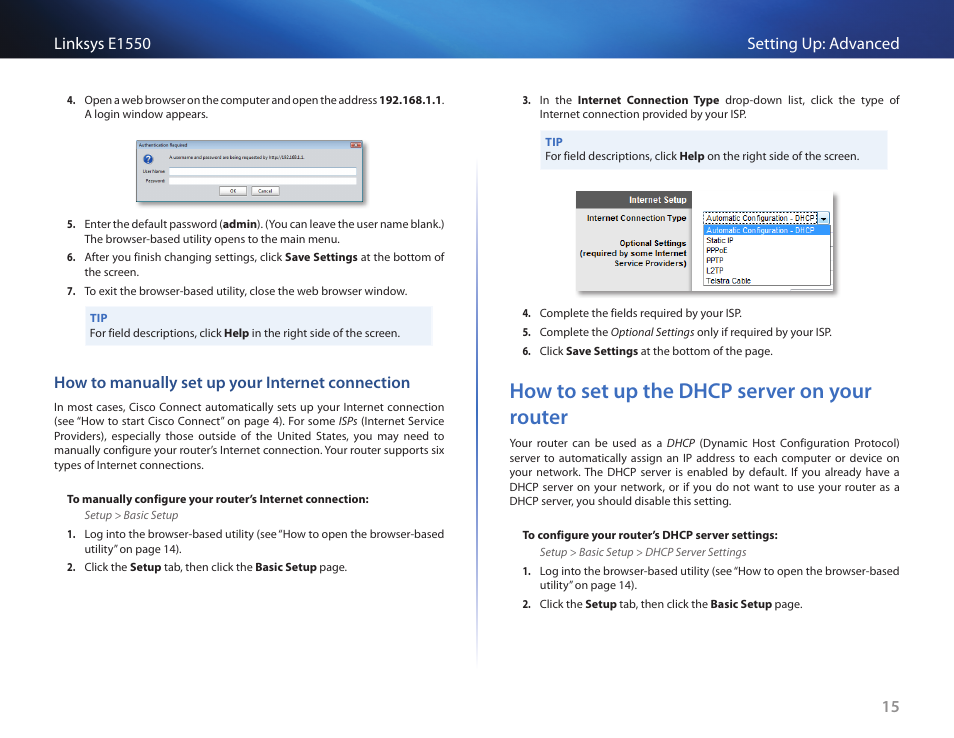 How to manually set up your internet connection, How to set up the dhcp server on your router, How to set up the dhcp server on your router 15 | Linksys E1550 User Manual | Page 18 / 55