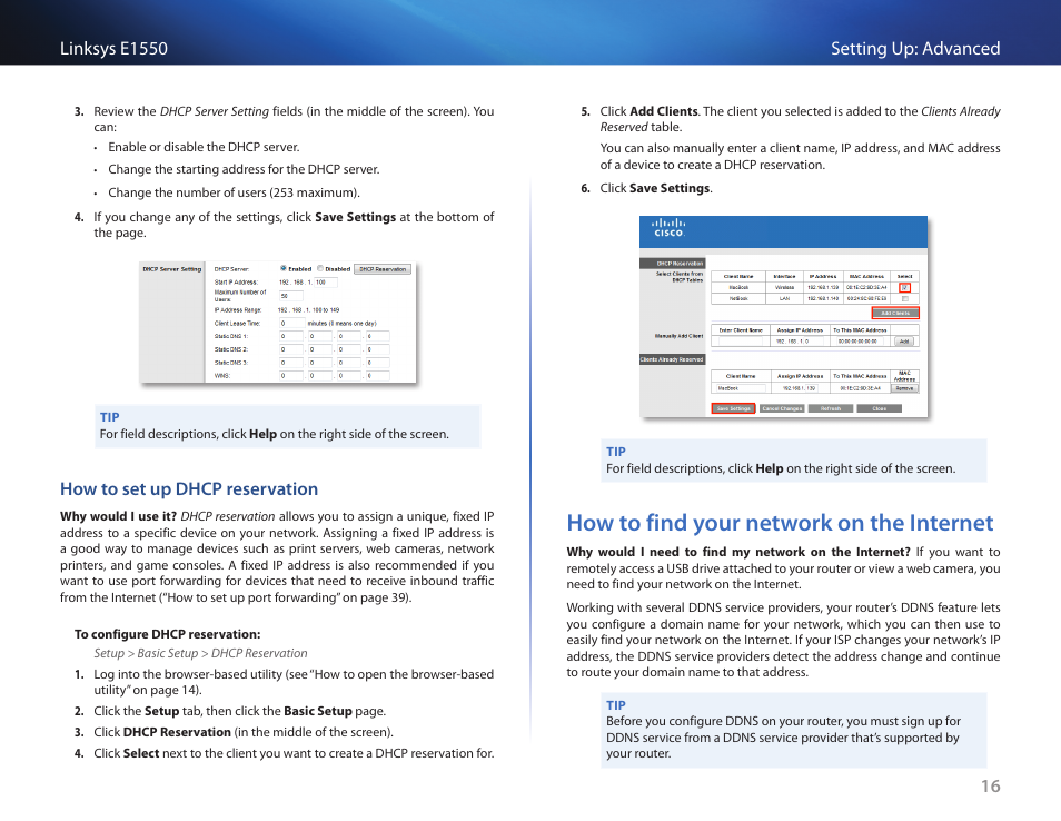 How to set up dhcp reservation, How to find your network on the internet, How to find your network on the internet 16 | Linksys E1550 User Manual | Page 19 / 55