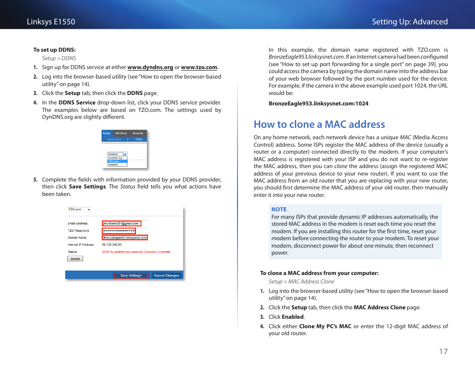 How to clone a mac address, How to clone a mac address 17 | Linksys E1550 User Manual | Page 20 / 55
