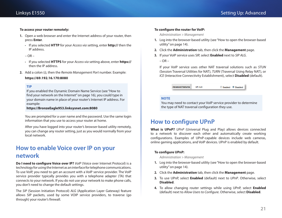 How to enable voice over ip on your network, How to configure upnp | Linksys E1550 User Manual | Page 24 / 55