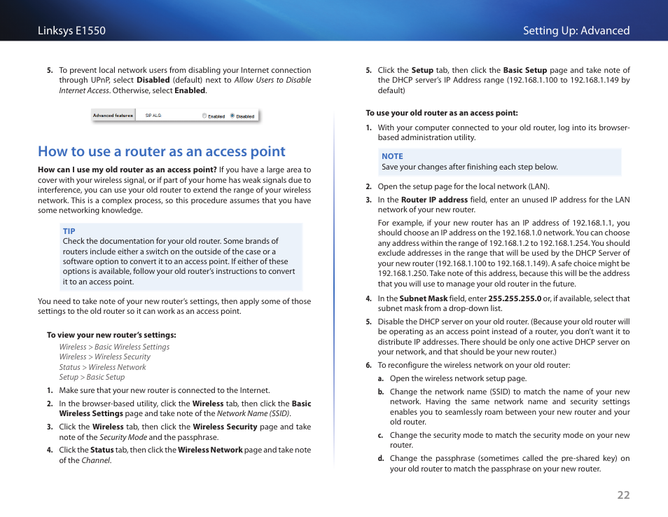 How to use a router as an access point, How to use a router as an access point 22 | Linksys E1550 User Manual | Page 25 / 55