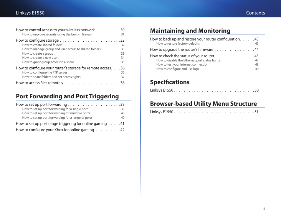Port forwarding and port triggering, Maintaining and monitoring, Specifications | Browser-based utility menu structure | Linksys E1550 User Manual | Page 3 / 55