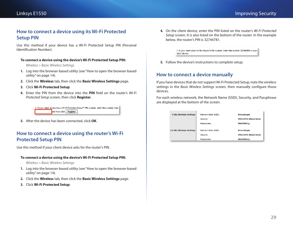 How to connect a device manually | Linksys E1550 User Manual | Page 32 / 55