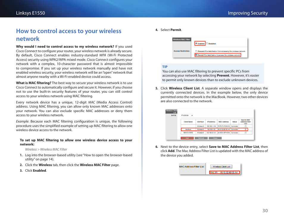 How to control access to your wireless network, How to control access to your wireless network 30 | Linksys E1550 User Manual | Page 33 / 55