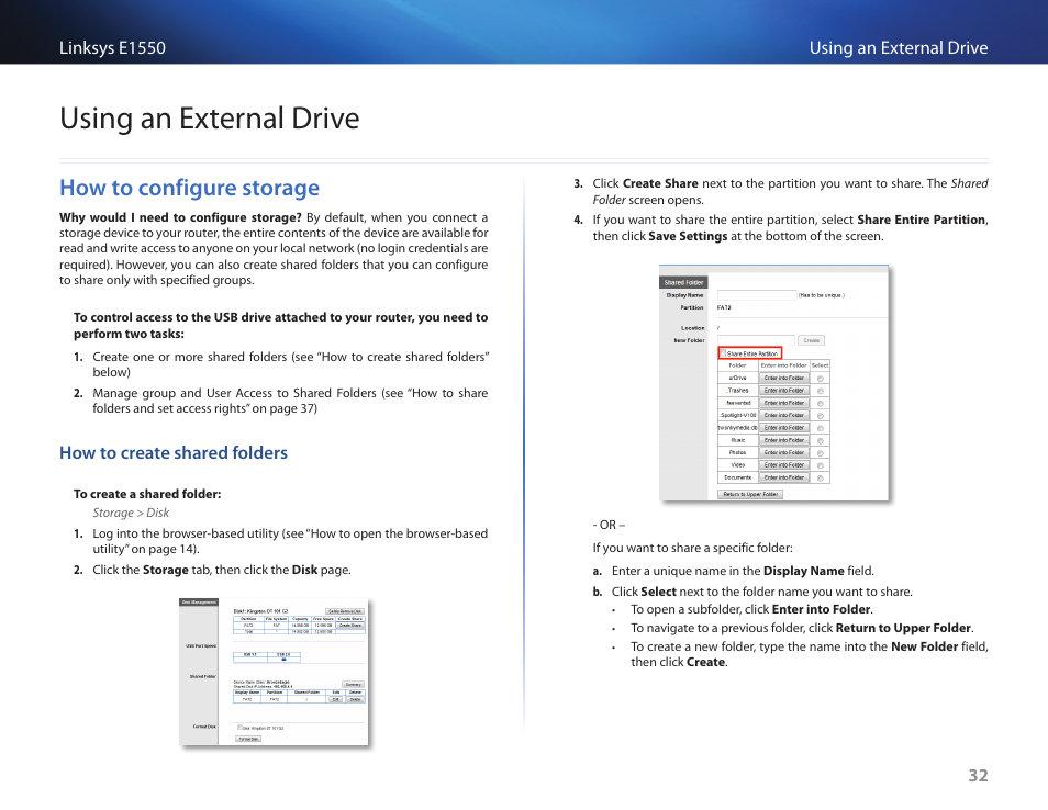 How to configure storage, How to create shared folders, How to configure storage 32 | Using an external drive | Linksys E1550 User Manual | Page 35 / 55