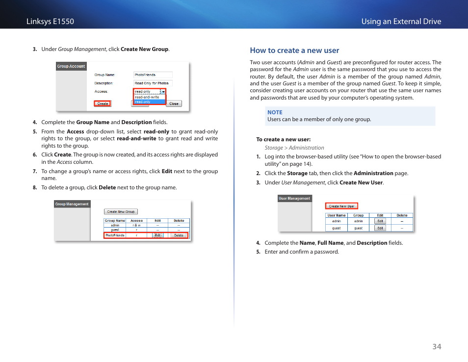 How to create a new user | Linksys E1550 User Manual | Page 37 / 55