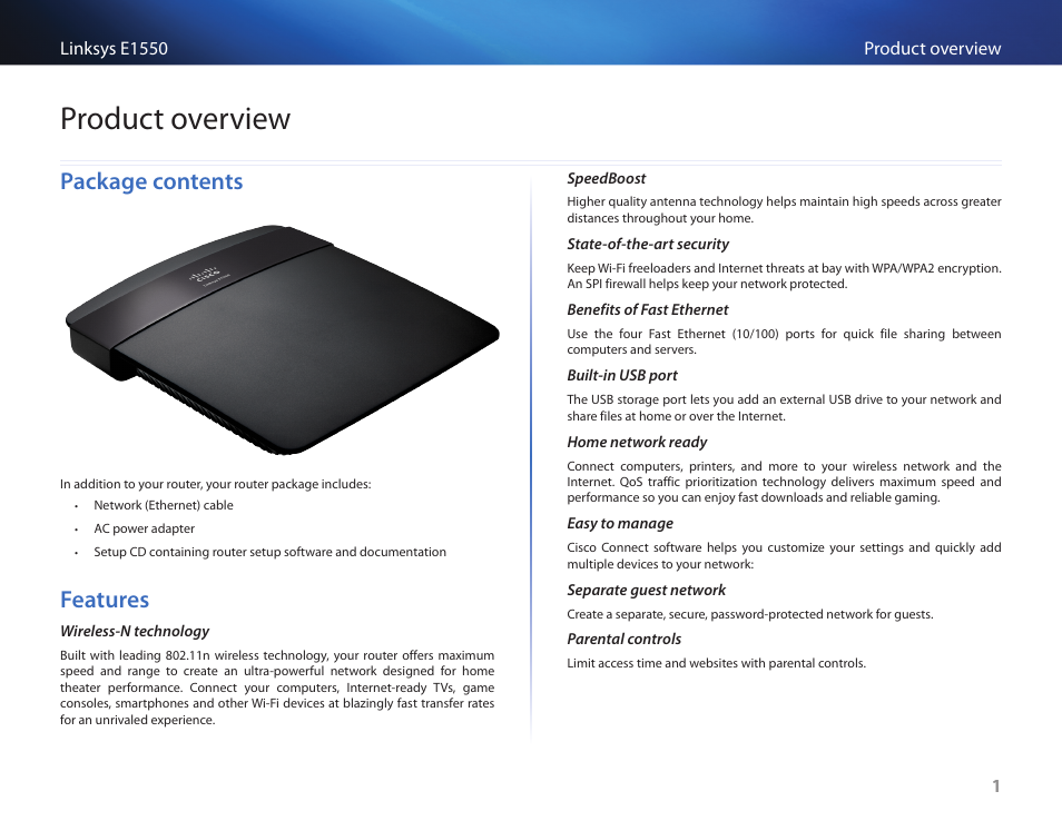 Product overview, Package contents, Features | Package contents 1 features 1 | Linksys E1550 User Manual | Page 4 / 55