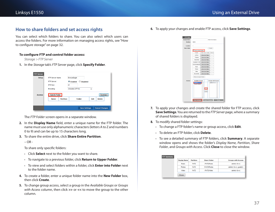 How to share folders and set access rights, How to share | Linksys E1550 User Manual | Page 40 / 55