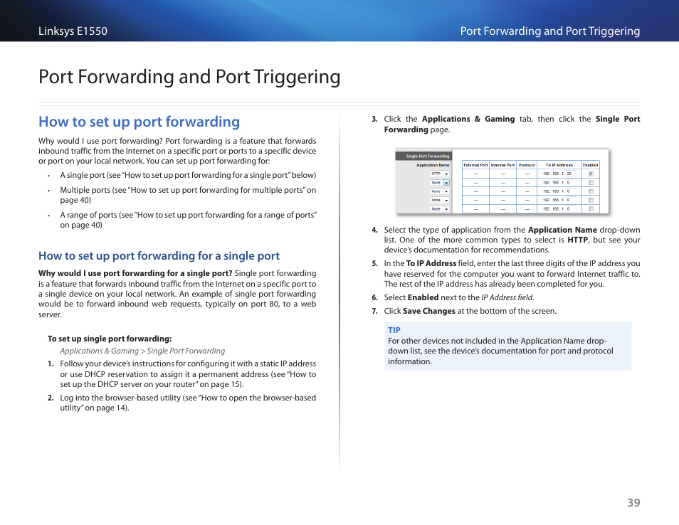 Port forwarding and port triggering, How to set up port forwarding, How to set up port forwarding for a single port | How to set up port forwarding 39 | Linksys E1550 User Manual | Page 42 / 55