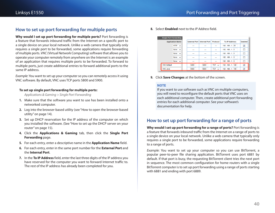 How to set up port forwarding for multiple ports, How to set up port forwarding for a range of ports | Linksys E1550 User Manual | Page 43 / 55