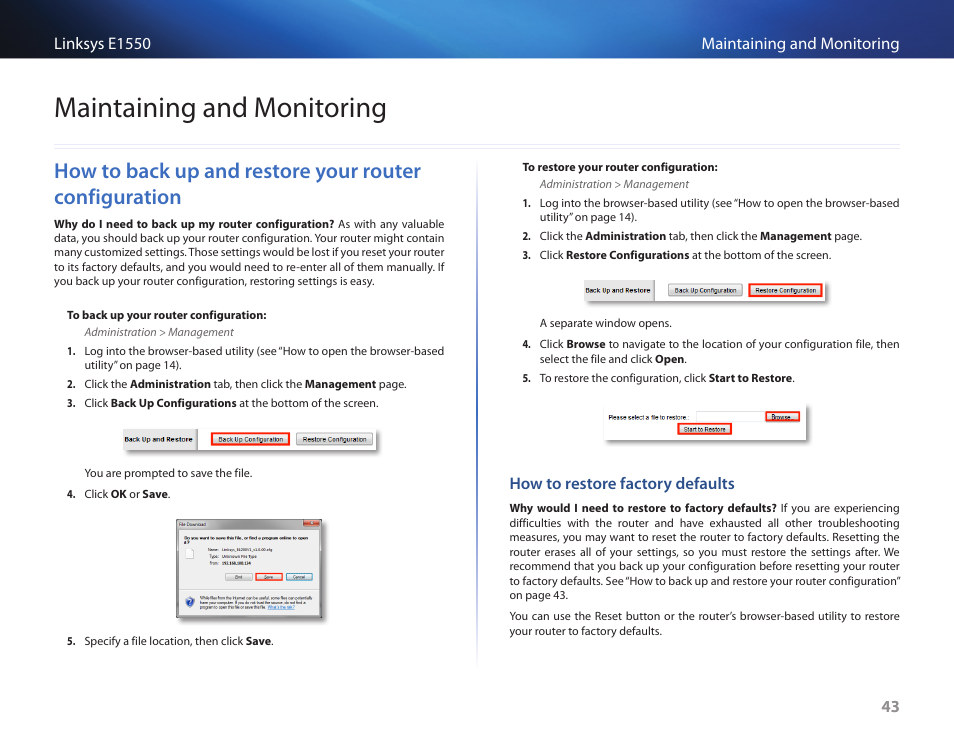 Maintaining and monitoring, How to restore factory defaults | Linksys E1550 User Manual | Page 46 / 55
