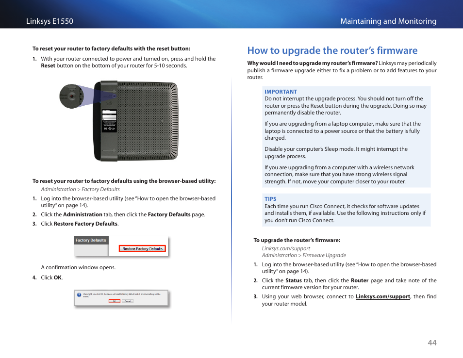 How to upgrade the router’s firmware, How to upgrade the router’s firmware 44 | Linksys E1550 User Manual | Page 47 / 55