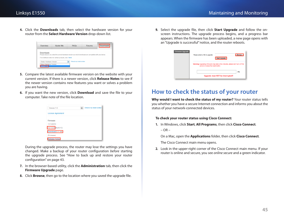 How to check the status of your router, How to check the status of your router 45 | Linksys E1550 User Manual | Page 48 / 55