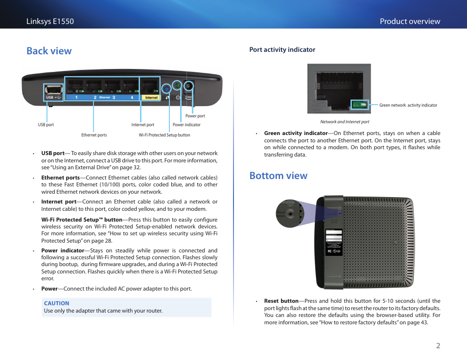 Back view, Bottom view, Back view 2 bottom view 2 | Linksys E1550 User Manual | Page 5 / 55