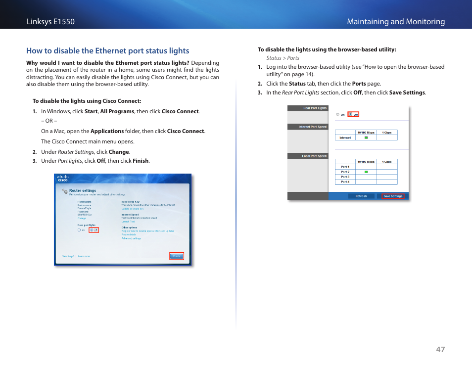 How to disable the ethernet port status lights | Linksys E1550 User Manual | Page 50 / 55