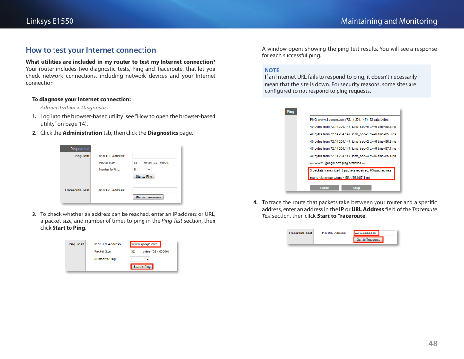 How to test your internet connection | Linksys E1550 User Manual | Page 51 / 55