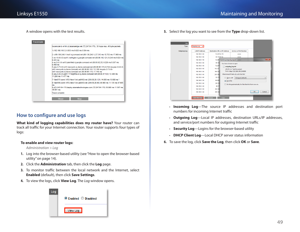 How to configure and use logs | Linksys E1550 User Manual | Page 52 / 55
