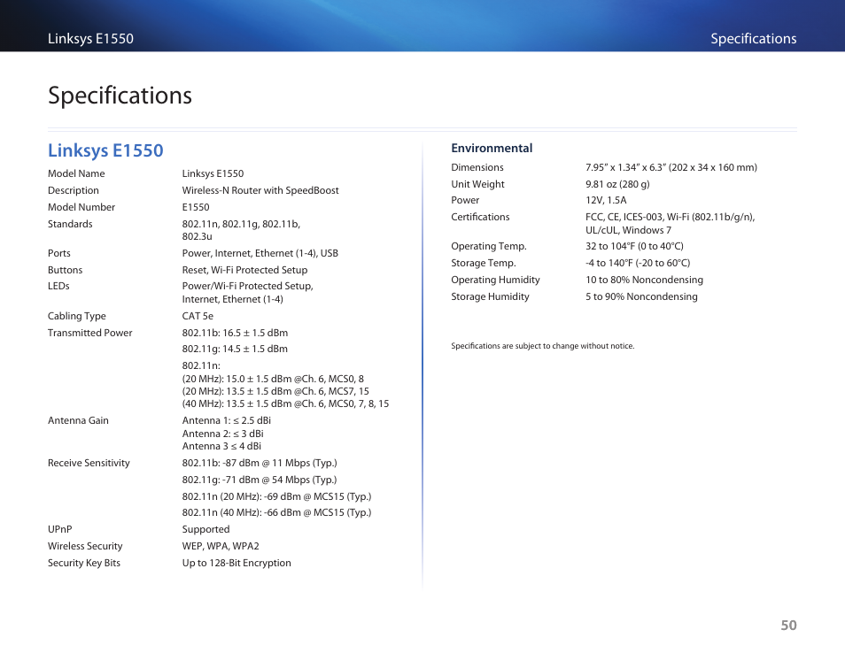 Specifications, Linksys e1550, Linksys e1550 50 | Linksys E1550 User Manual | Page 53 / 55