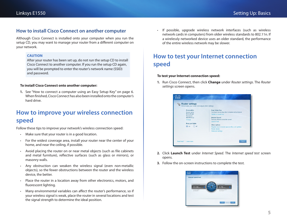 How to install cisco connect on another computer, How to improve your wireless connection speed, How to test your internet connection speed | Linksys E1550 User Manual | Page 8 / 55