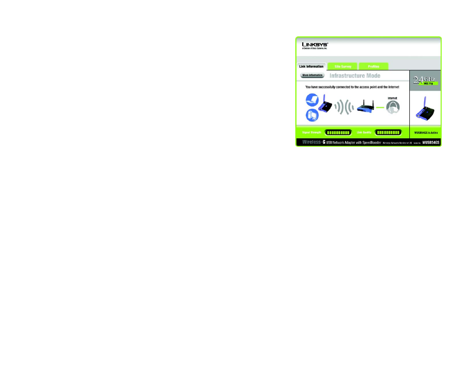 Accessing the wireless network monitor, Link information | Linksys WUSB54GS User Manual | Page 21 / 48