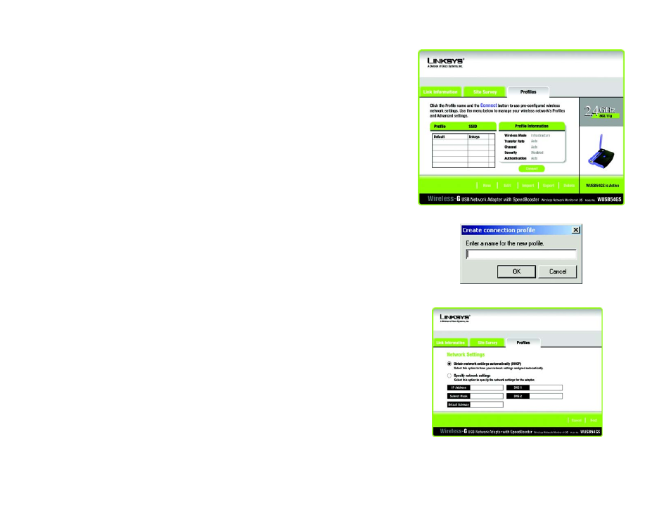 Creating a new profile | Linksys WUSB54GS User Manual | Page 26 / 48