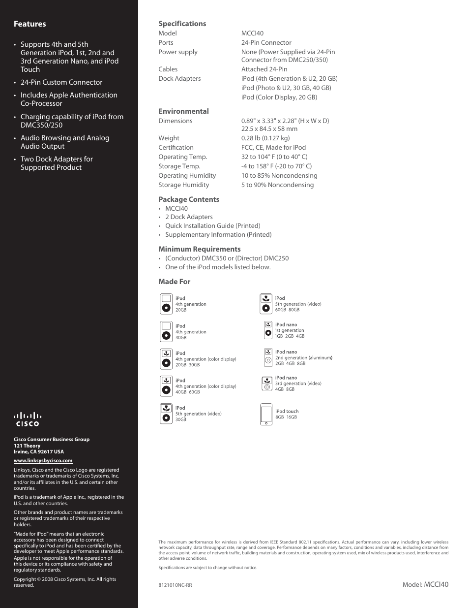 Features | Linksys MCCI40 User Manual | Page 2 / 2