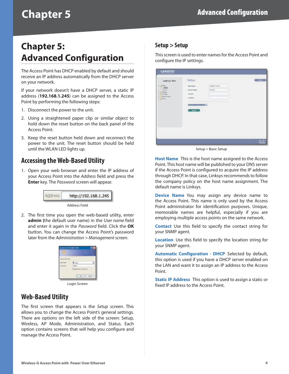 Chapter 5: advanced configuration, Accessing the web-based utility, Web-based utility | Setup > setup, Accessing the web-based utility web-based utility, Chapter 5, Advanced configuration | Linksys WAP2000 User Manual | Page 10 / 40