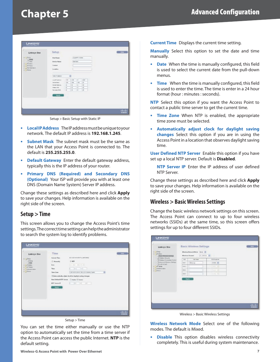 Setup > time, Wireless > basic wireless settings, Setup > time wireless > basic wireless settings | Chapter 5, Advanced configuration | Linksys WAP2000 User Manual | Page 11 / 40