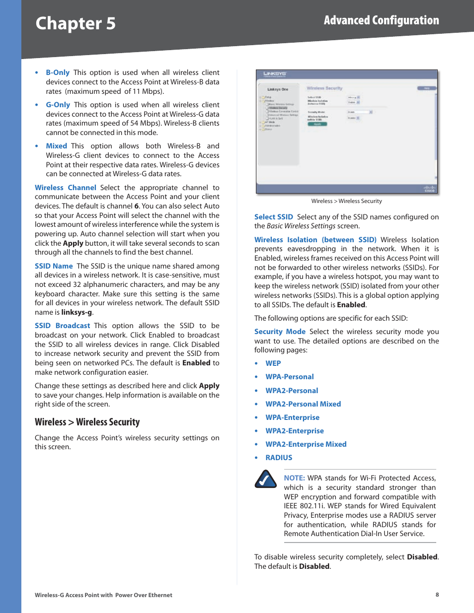 Wireless > wireless security, Chapter 5, Advanced configuration | Linksys WAP2000 User Manual | Page 12 / 40
