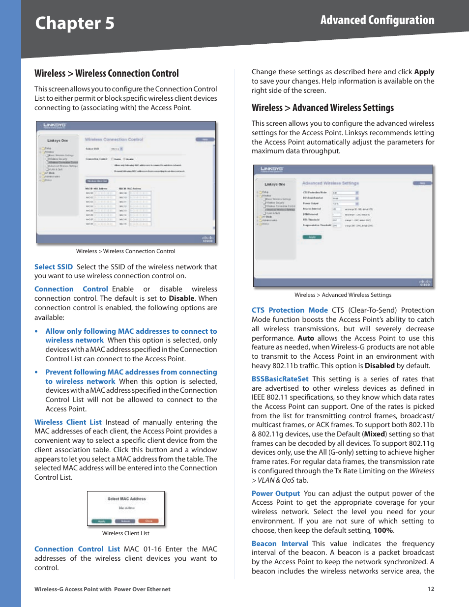 Wireless > wireless connection control, Wireless > advanced wireless settings, Chapter 5 | Advanced configuration | Linksys WAP2000 User Manual | Page 16 / 40