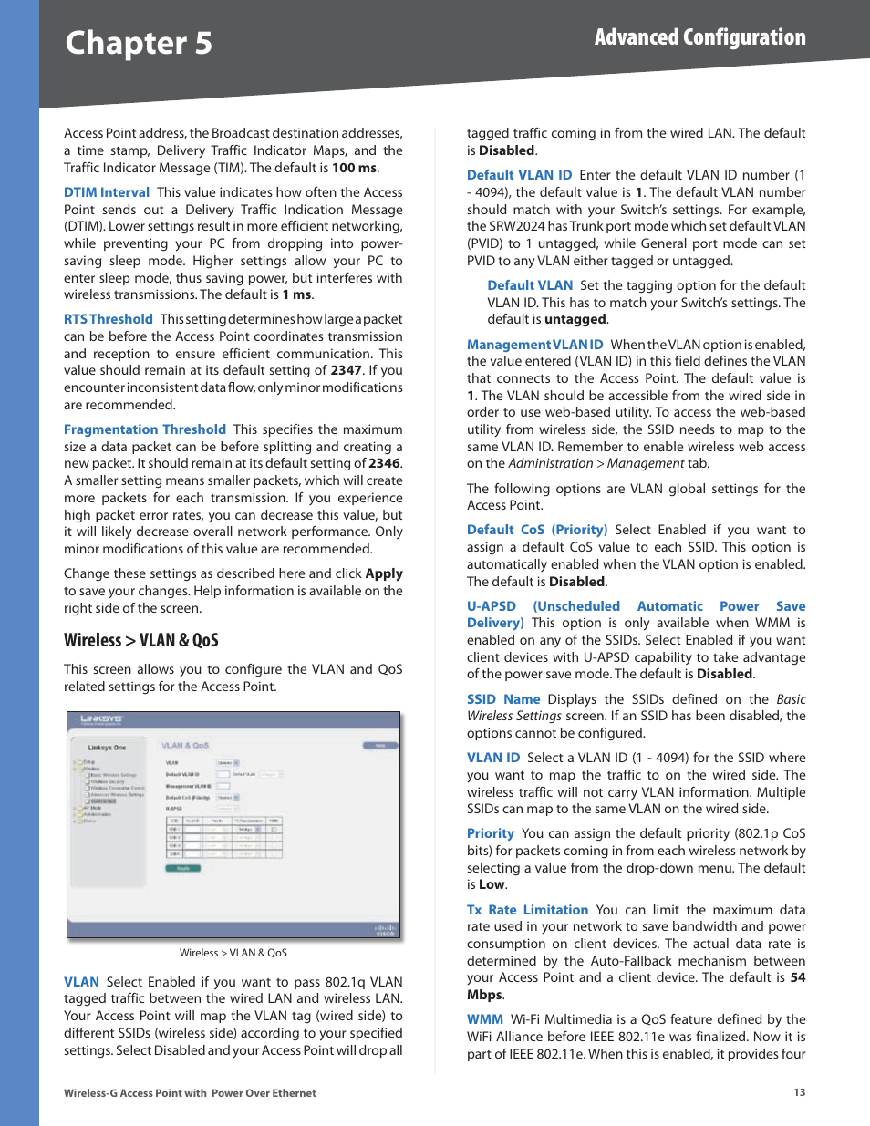 Wireless > vlan & qos, Chapter 5, Advanced configuration | Linksys WAP2000 User Manual | Page 17 / 40