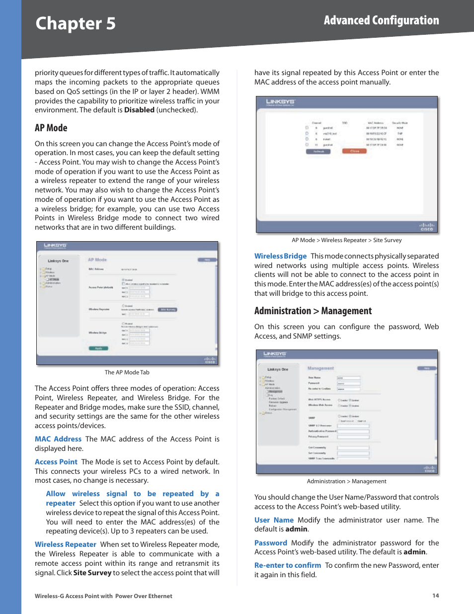 Ap mode, Administration > management, Ap mode administration > management | Chapter 5, Advanced configuration | Linksys WAP2000 User Manual | Page 18 / 40