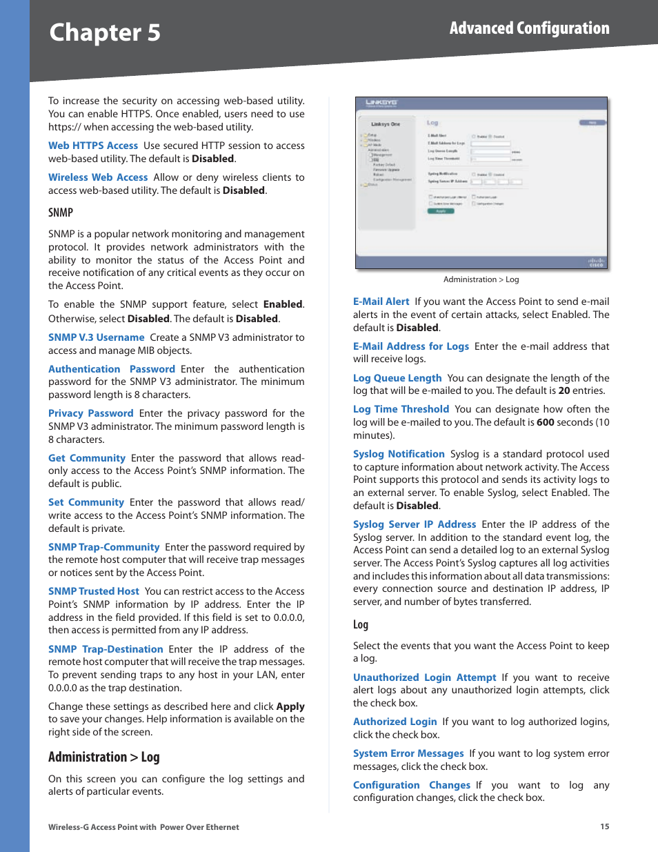 Administration > log, Chapter 5, Advanced configuration | Linksys WAP2000 User Manual | Page 19 / 40