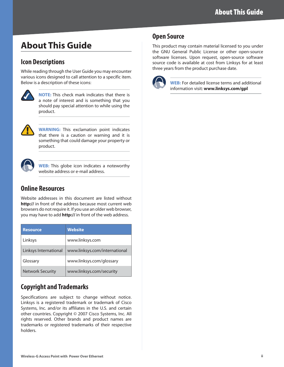 About this guide, Icon descriptions, Online resources | Copyright and trademarks, Open source | Linksys WAP2000 User Manual | Page 2 / 40