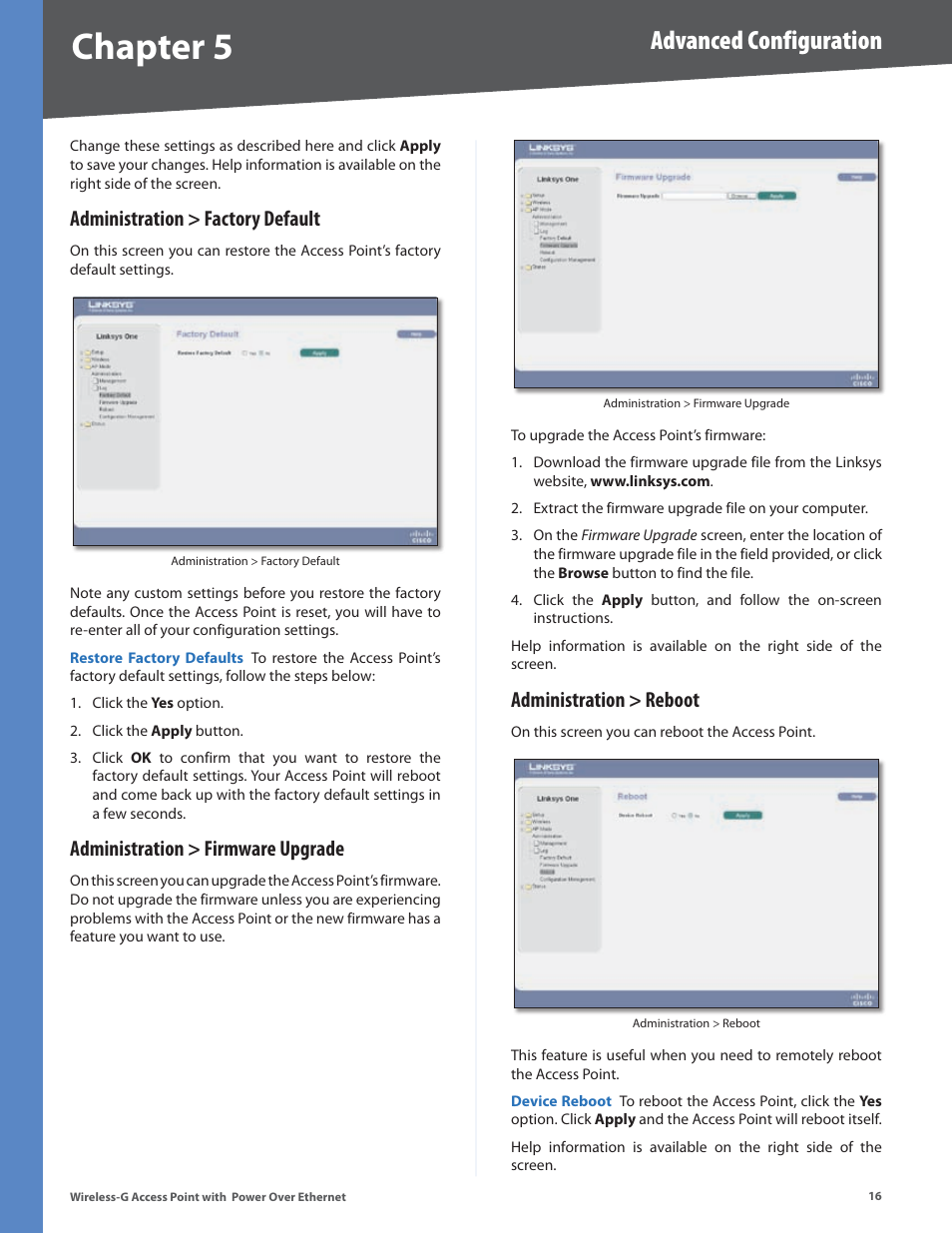 Administration > factory default, Administration > firmware upgrade, Administration > reboot | Chapter 5, Advanced configuration | Linksys WAP2000 User Manual | Page 20 / 40