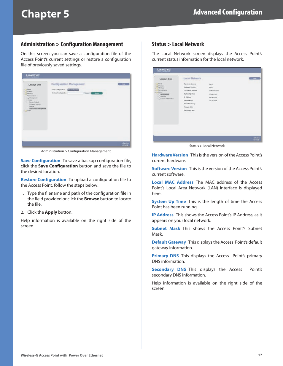 Administration > configuration management, Status > local network, Chapter 5 | Advanced configuration | Linksys WAP2000 User Manual | Page 21 / 40