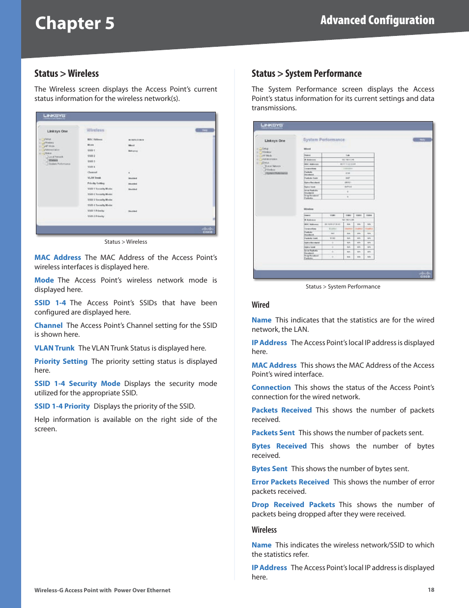 Status > wireless, Status > system performance, Status > wireless status > system performance | Chapter 5, Advanced configuration | Linksys WAP2000 User Manual | Page 22 / 40