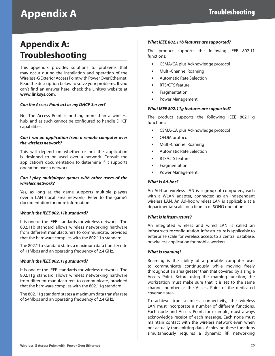 Appendix a: troubleshooting, Appendix a, Troubleshooting | Linksys WAP2000 User Manual | Page 24 / 40